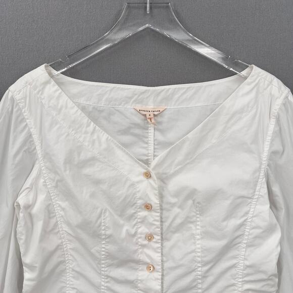 REBECCA TAYLOR Long Sleeve Eyelet Pop Top Womens 8 Milk White Romantic Boho - Picture 4 of 16